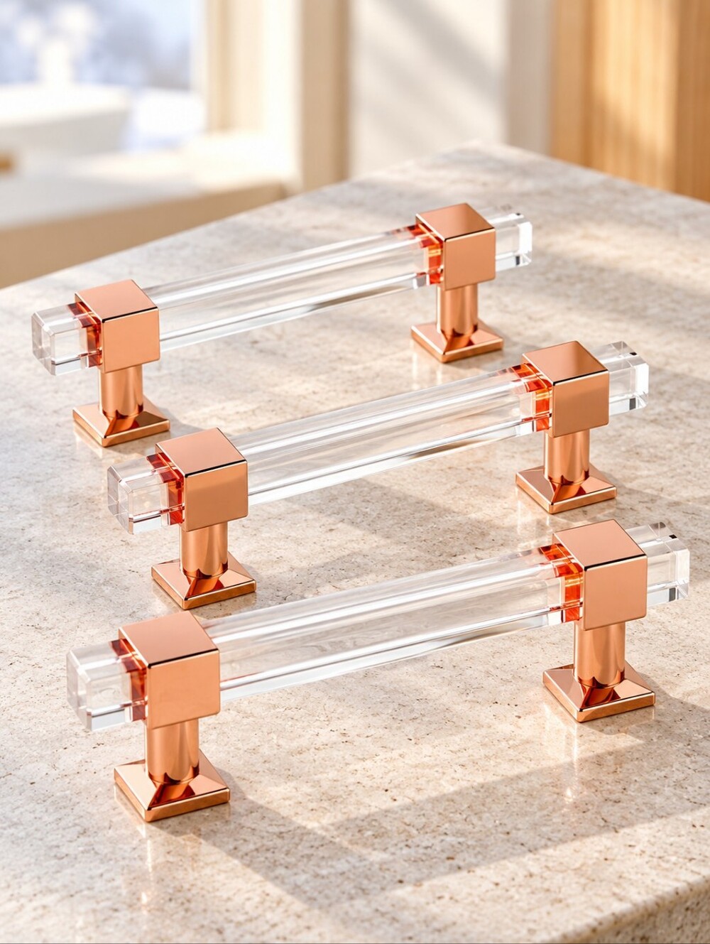 Mengico 20 Pack Rose Gold Clear Acrylic Cabinet Pulls 3" Centers NIB